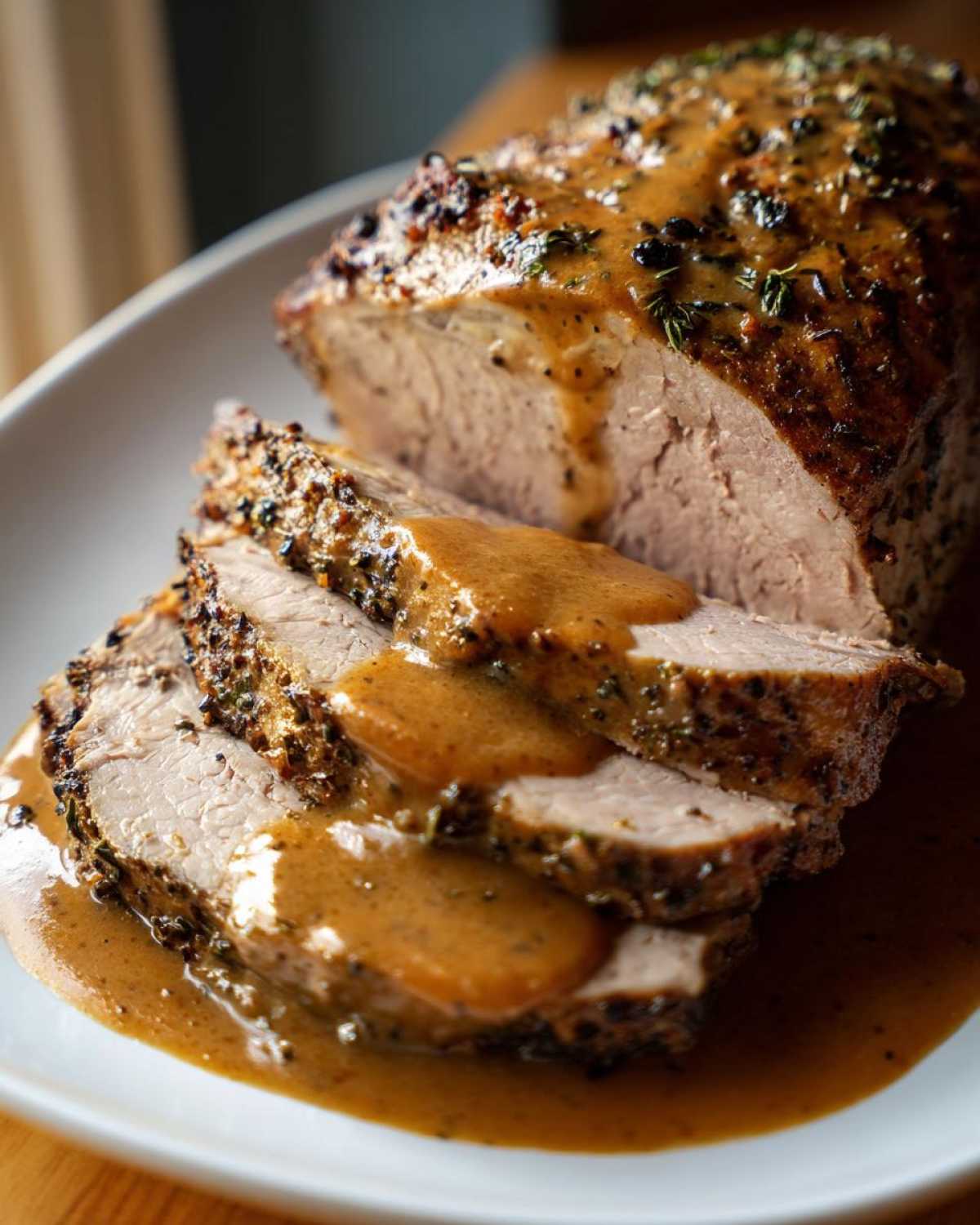 Close-up of sliced instant pot turkey breast covered in rich brown gravy and herb crust.