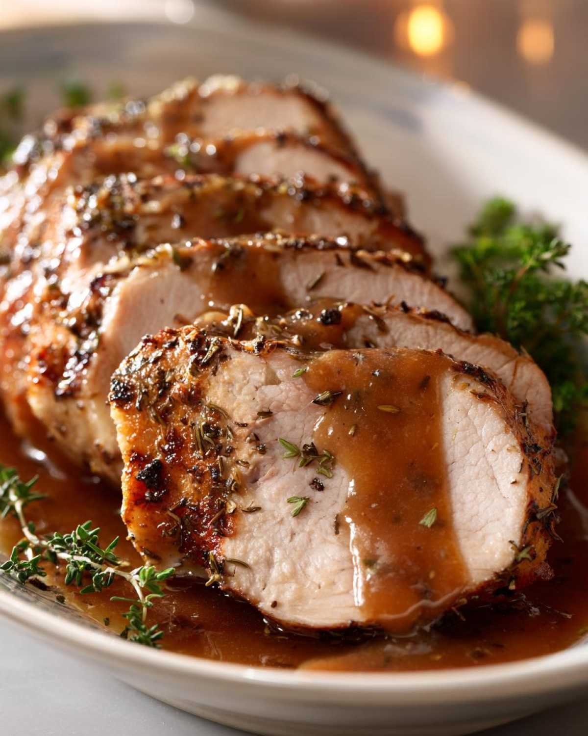 Close-up of sliced instant pot turkey breast, seasoned and covered in rich brown gravy and fresh thyme.