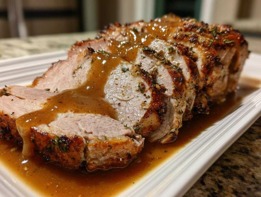 Slices of juicy instant pot turkey breast, seasoned and drizzled generously with brown gravy.