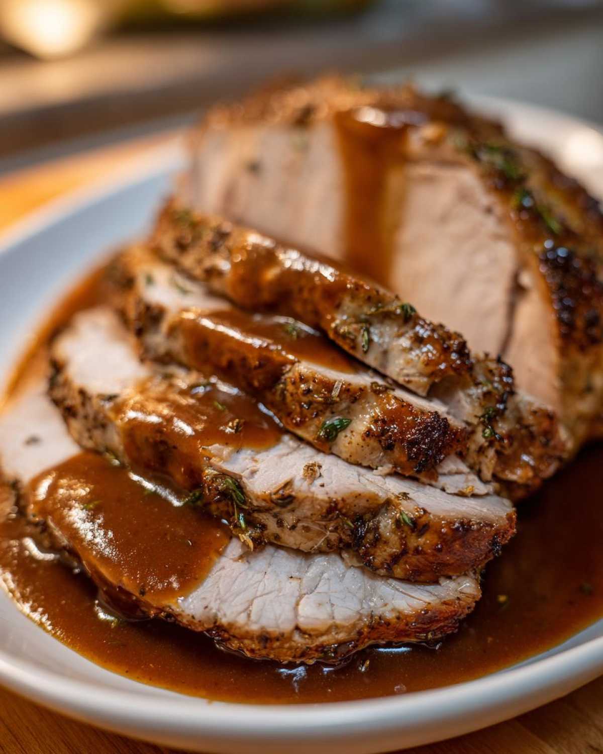Close-up of sliced instant pot turkey breast, seasoned and covered in rich brown gravy.