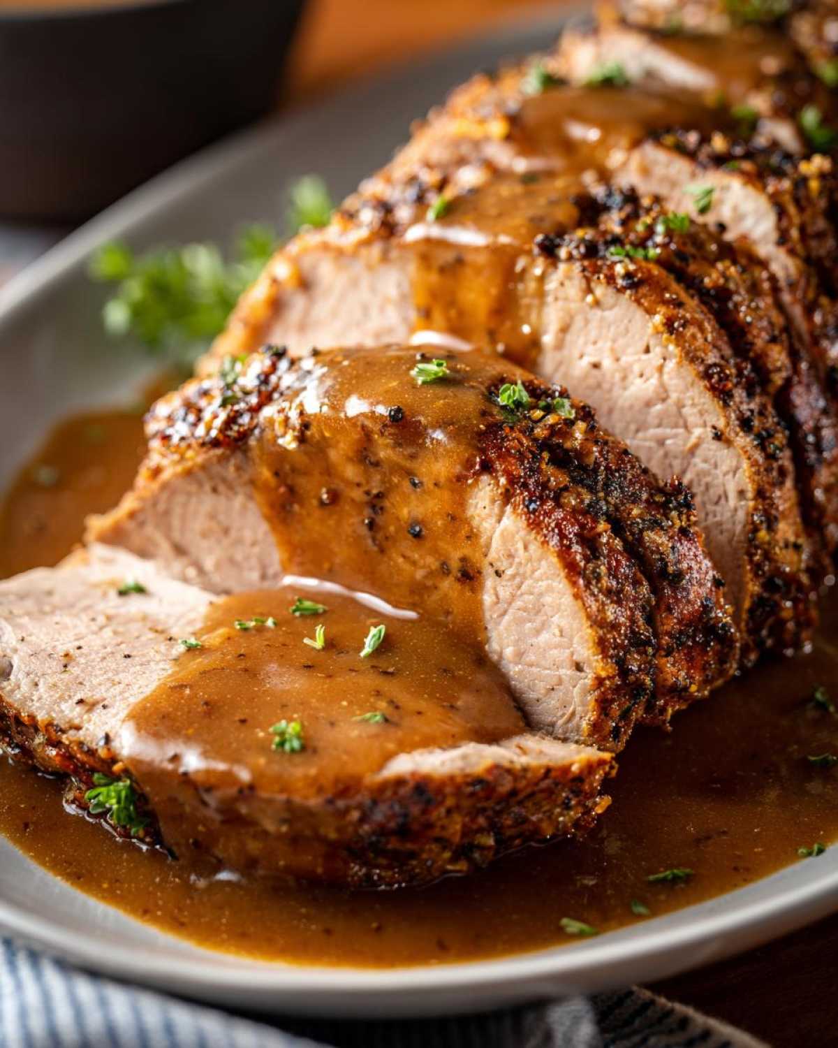 Close-up of sliced instant pot turkey breast, heavily seasoned and smothered in brown gravy.