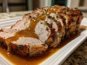 Slices of juicy instant pot turkey breast, seasoned and drizzled generously with brown gravy.