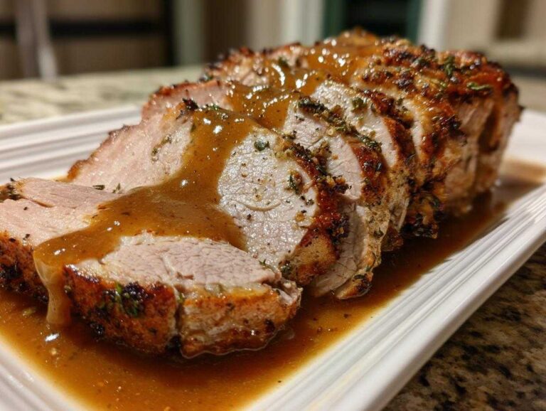 Slices of juicy instant pot turkey breast, seasoned and drizzled generously with brown gravy.
