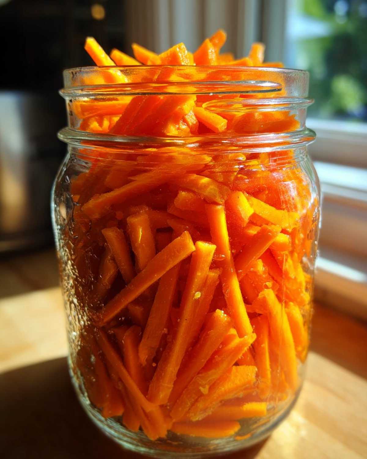 A glass jar filled with bright orange, julienned pickled carrots sticks, highlighted by sunlight.