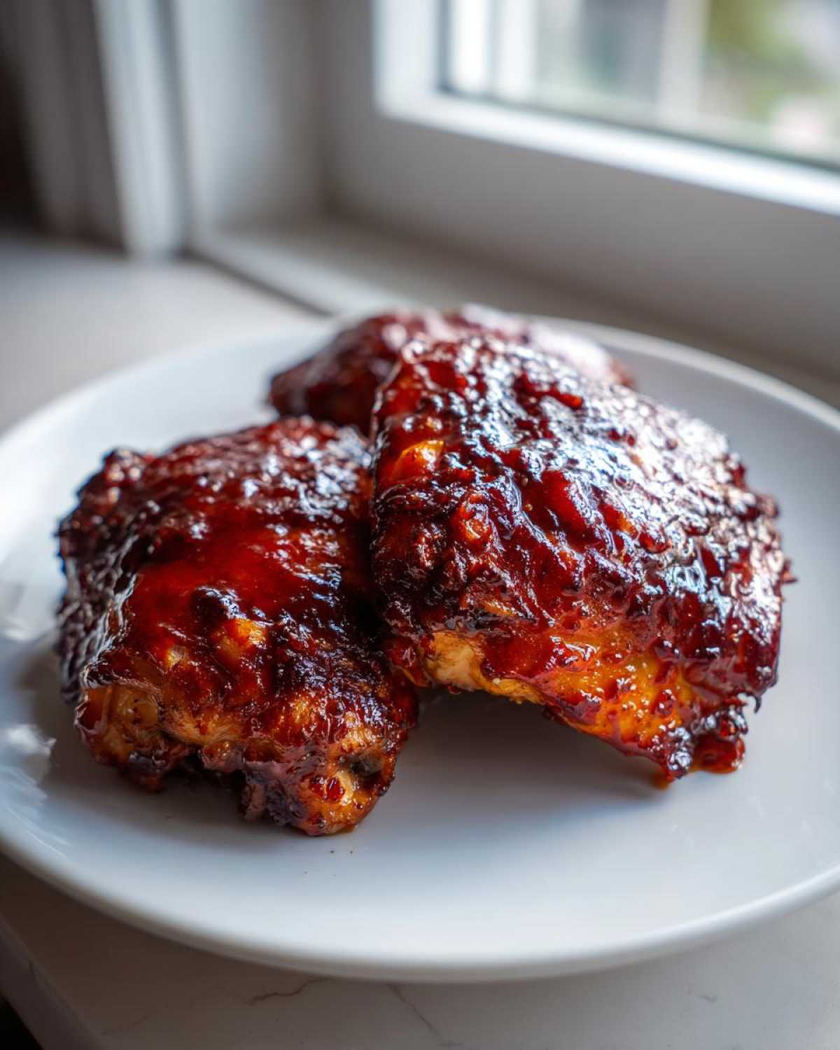 Close-up of three pieces of juicy bbq chicken coated in thick, dark, caramelized sauce on a white plate.