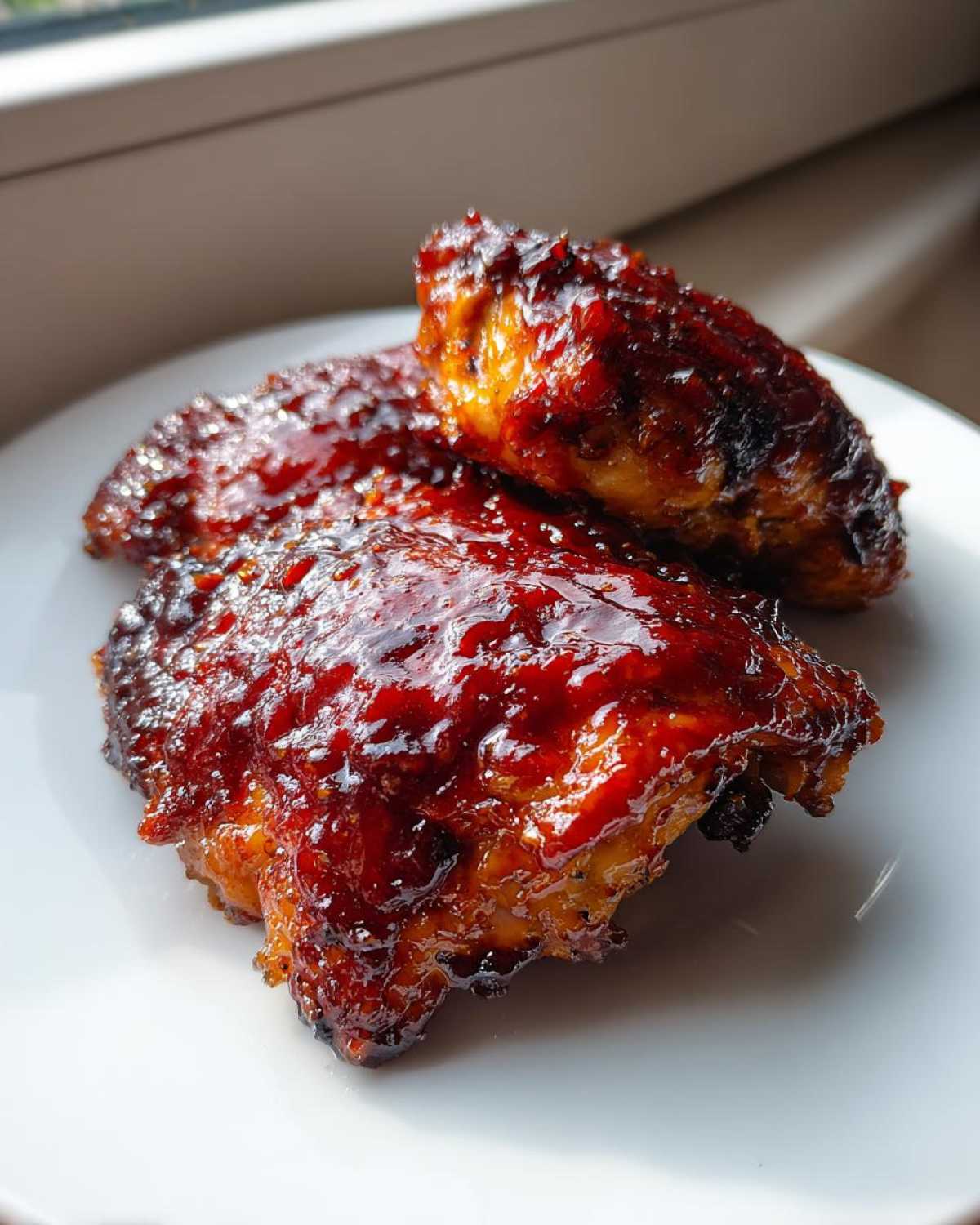 Three pieces of incredibly juicy bbq chicken covered in a thick, glossy, dark red barbecue sauce, resting on a white plate.