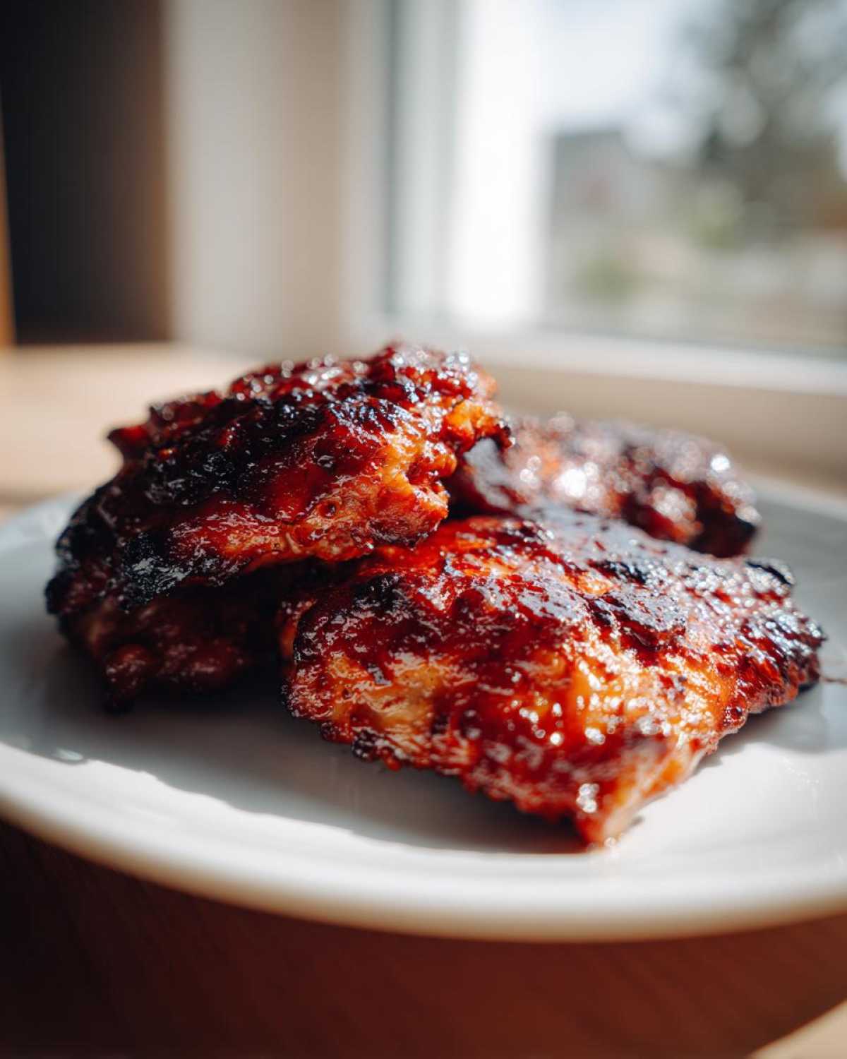 Close-up of three pieces of sticky, caramelized bbq chicken glistening under natural light.