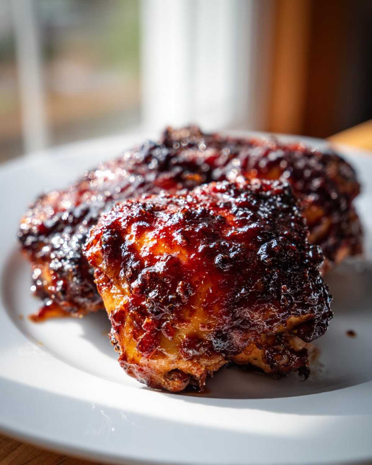 Close-up of two pieces of incredibly juicy bbq chicken covered in a thick, dark, caramelized sauce on a white plate.