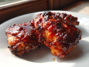 Close-up of two pieces of juicy, glazed bbq chicken with a dark, caramelized crust on a white plate.