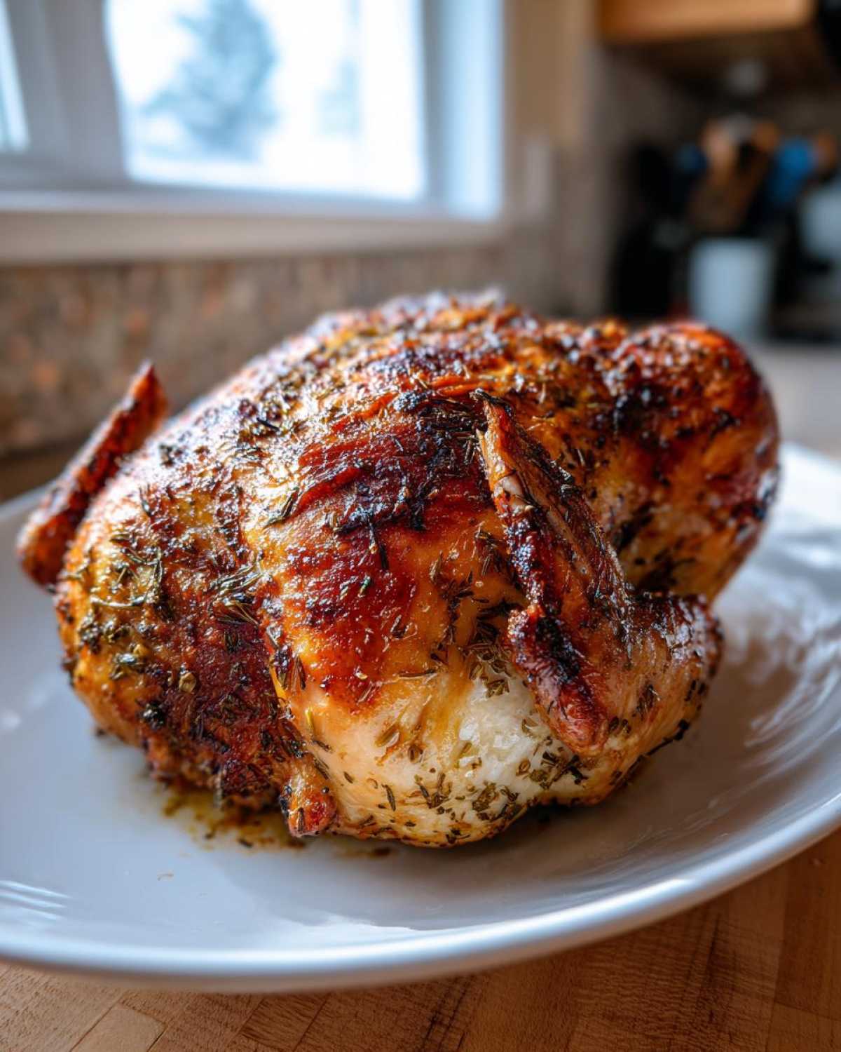A perfectly roasted whole chicken with crispy, herb-seasoned skin resting on a white plate.