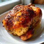 A perfectly roasted whole chicken with golden-brown, herb-crusted skin resting on a white plate.