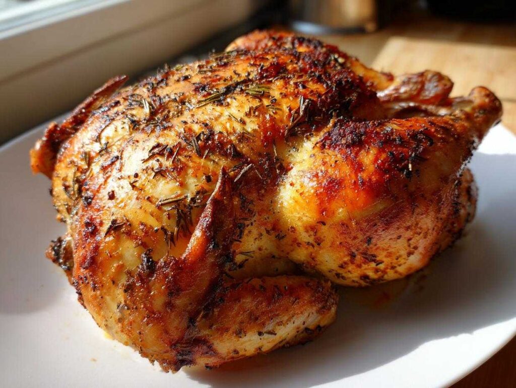 A beautifully roasted whole chicken with golden-brown, herb-crusted skin resting on a white plate.
