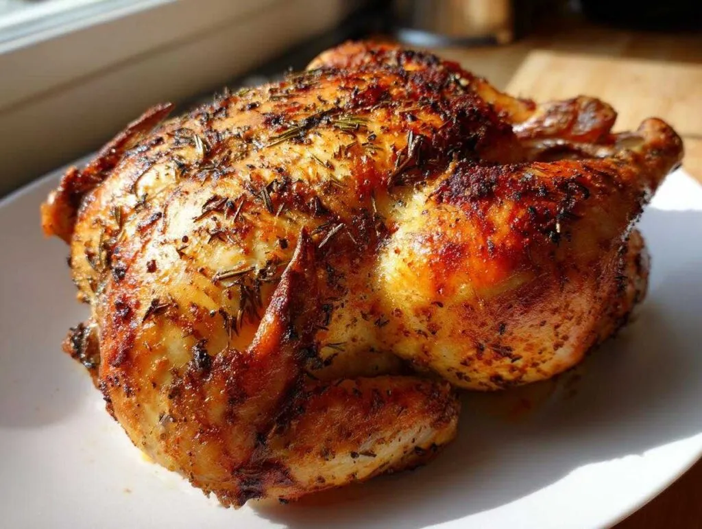 A beautifully roasted whole chicken with golden-brown, herb-crusted skin resting on a white plate.