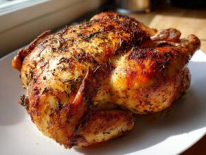 A beautifully roasted whole chicken with golden-brown, herb-crusted skin resting on a white plate.