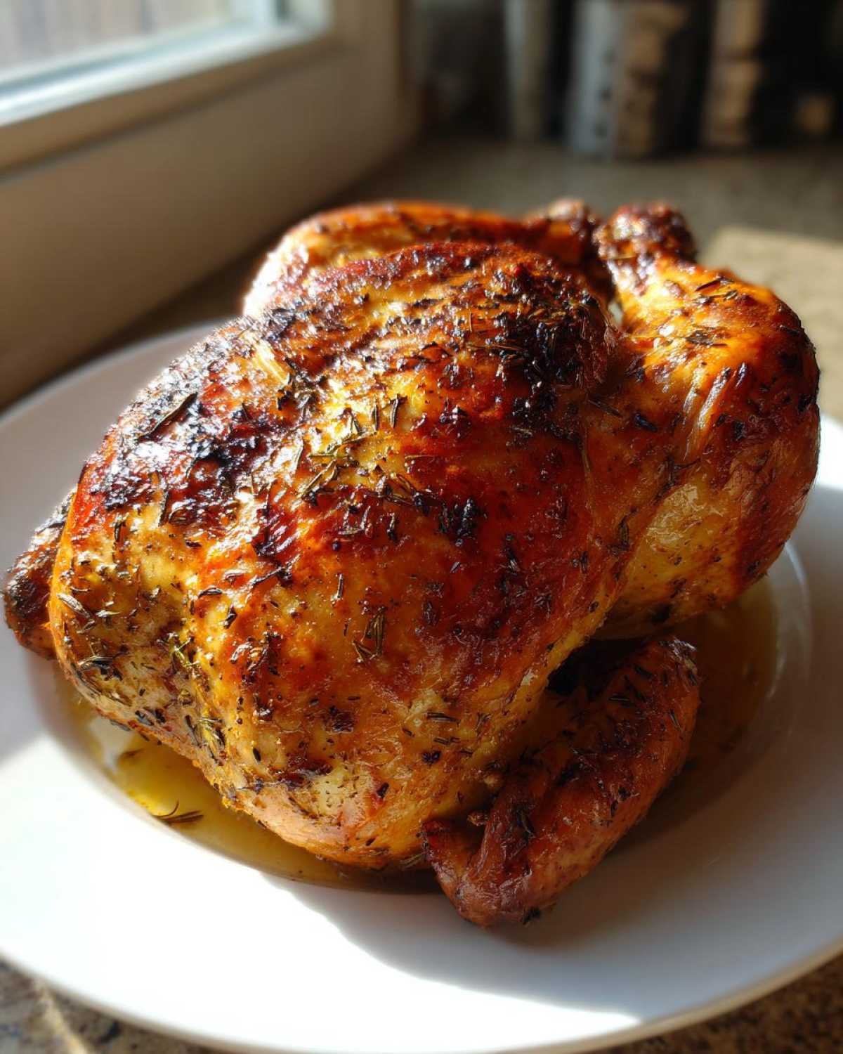 A perfectly roasted whole chicken with golden-brown, herb-crusted skin resting on a white plate with pan juices.