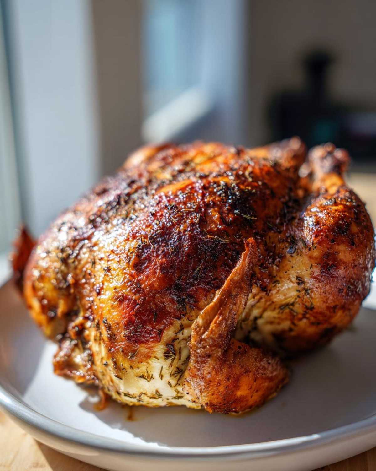 A perfectly roasted whole chicken with deeply browned, crispy skin seasoned with herbs, sitting on a white plate.
