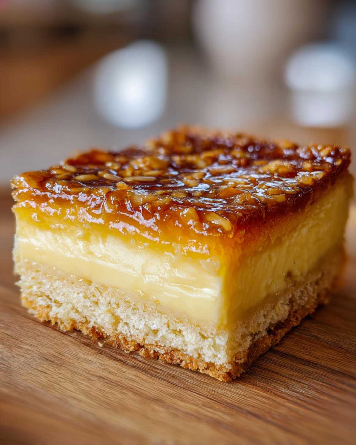 A close-up, mouth-watering slice of bee sting cake showing the sponge base, thick custard filling, and caramelized nut topping.