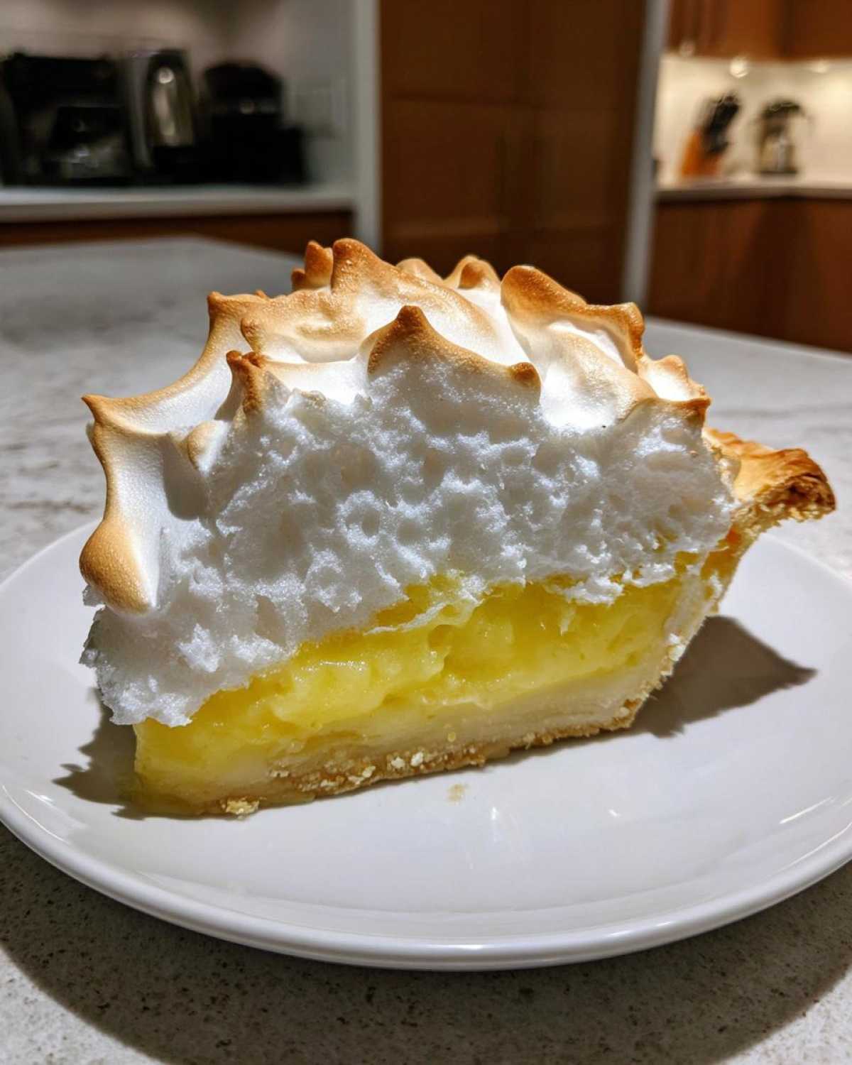 A tall slice of lemon meringue pie showing thick, bright yellow filling and fluffy, toasted meringue peaks.