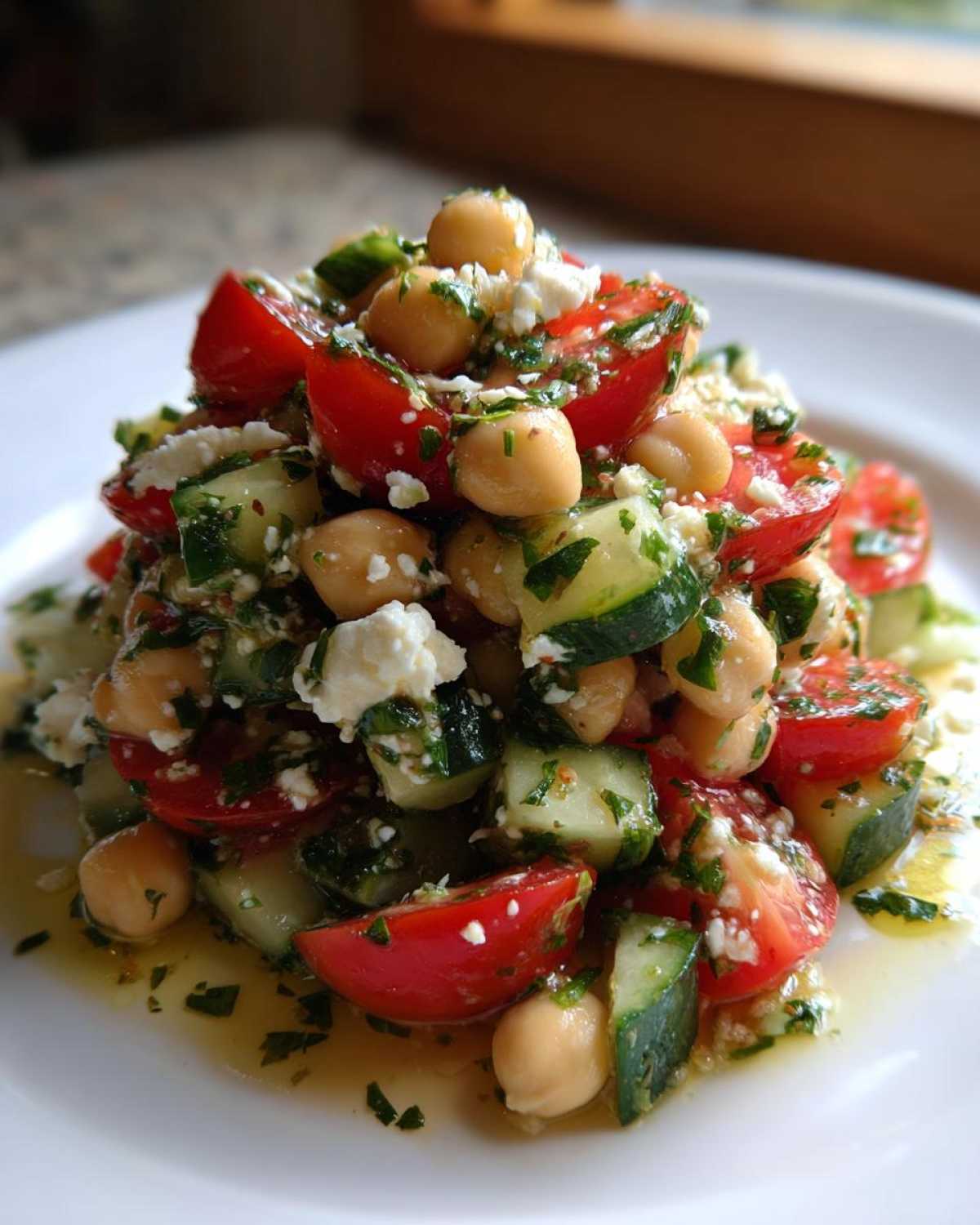 Close-up of a fresh mediterranean chickpea salad featuring chickpeas, chopped tomatoes, cucumbers, and feta cheese.
