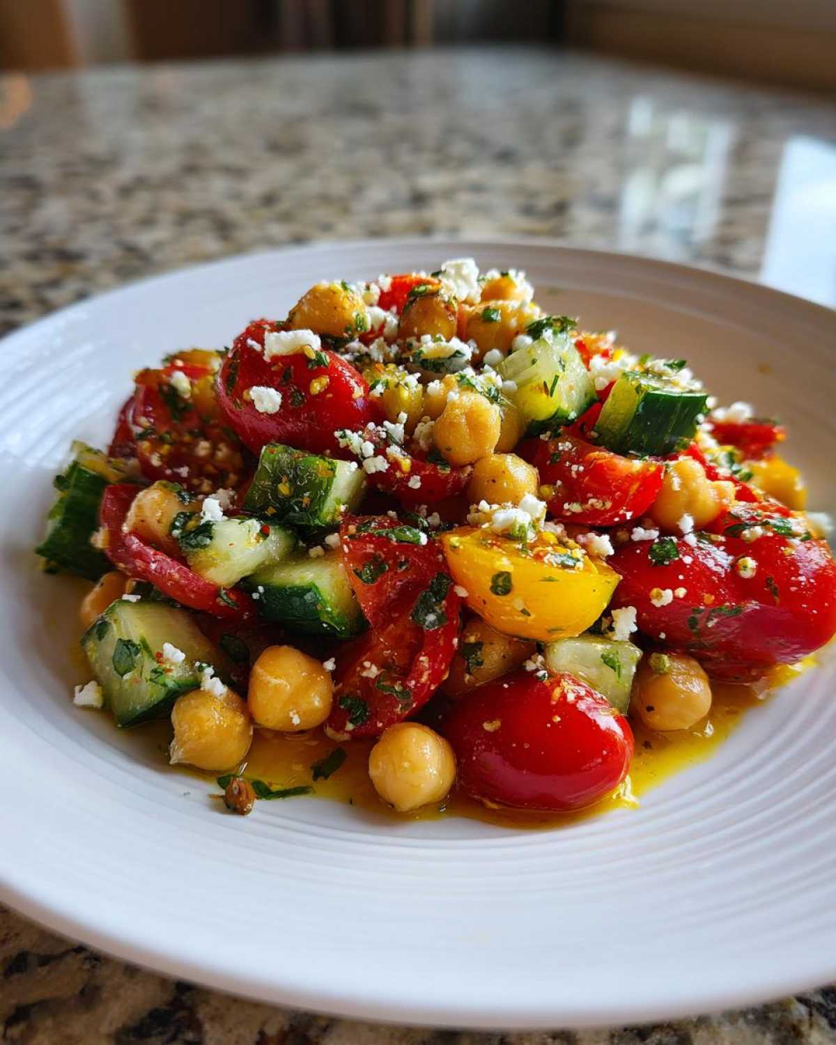 Close-up of a vibrant mediterranean chickpea salad featuring chickpeas, chopped cucumbers, cherry tomatoes, and crumbled feta cheese.