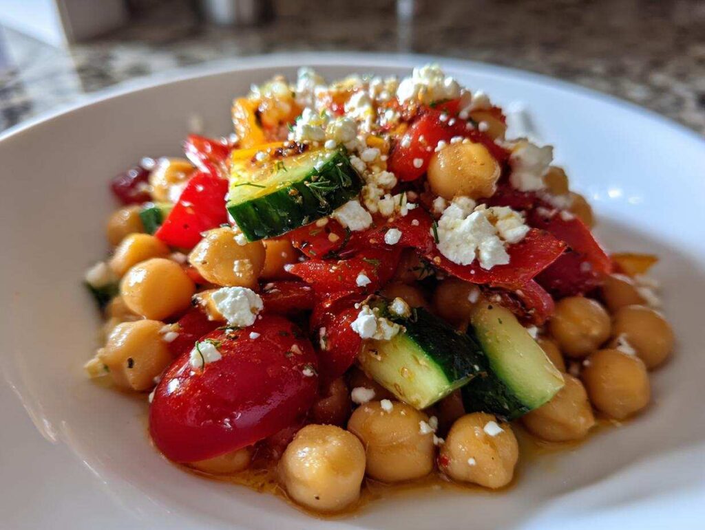 Close-up of a vibrant mediterranean chickpea salad featuring chickpeas, roasted red peppers, zucchini, and crumbled feta cheese.