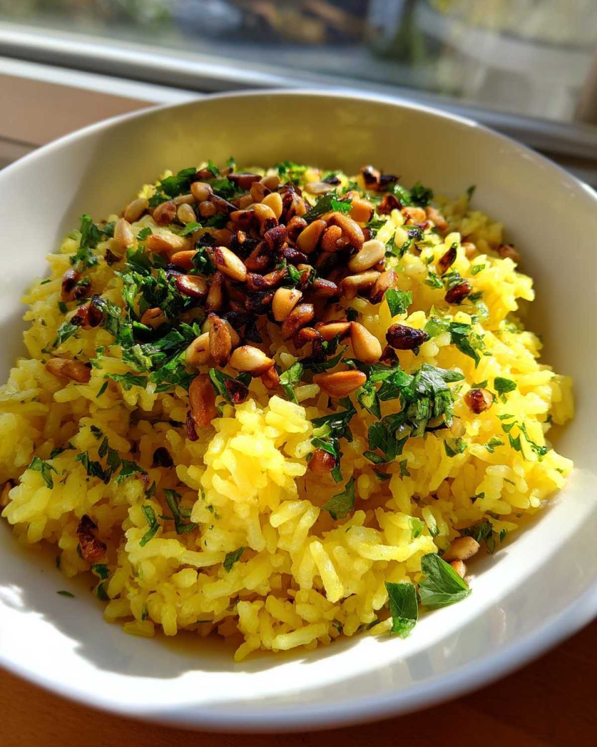 A white bowl filled with vibrant yellow mediterranean rice, topped generously with fresh parsley and toasted pine nuts.