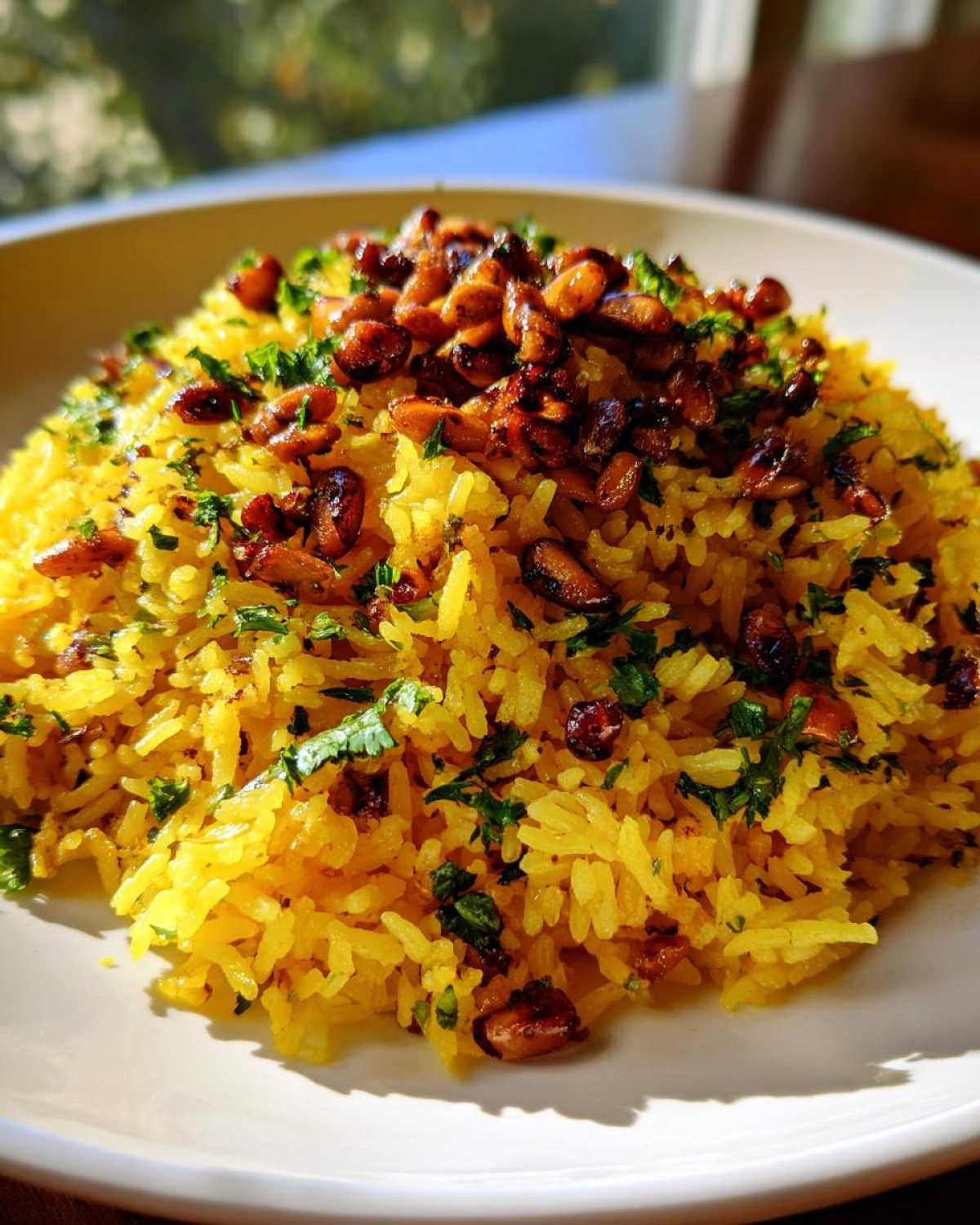 A mound of vibrant yellow mediterranean rice topped with toasted pine nuts and fresh parsley.