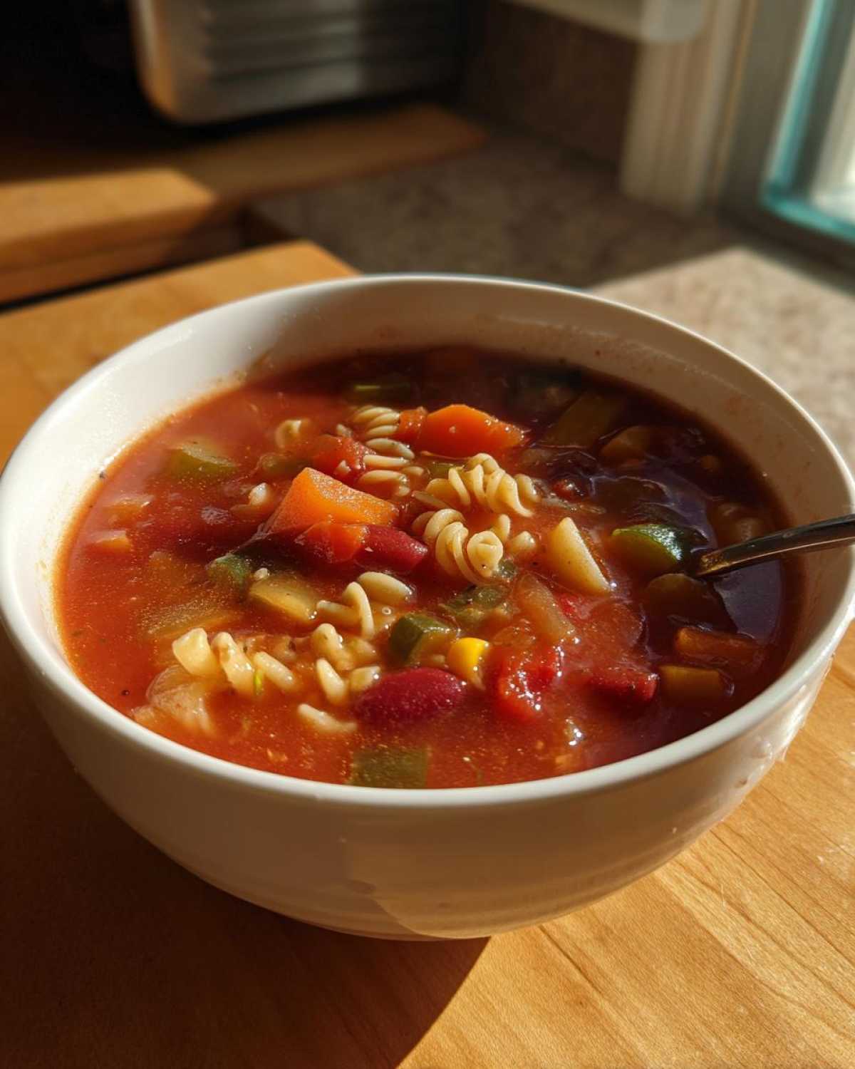 Close-up of a white bowl filled with steaming minestrone soup, showing rotini pasta, carrots, zucchini, and kidney beans.