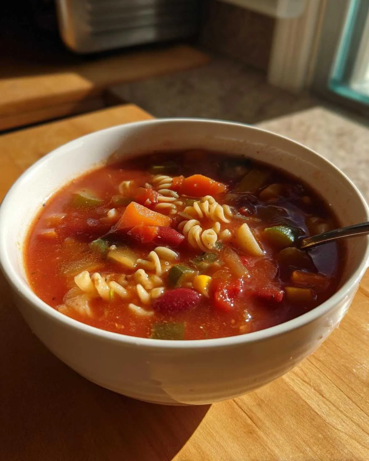 Close-up of a white bowl filled with steaming minestrone soup, showing rotini pasta, carrots, zucchini, and kidney beans.