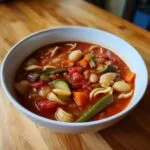 A close-up of a white bowl filled with vibrant minestrone soup, featuring chunks of tomato, zucchini, carrots, green beans, and small pasta shells.
