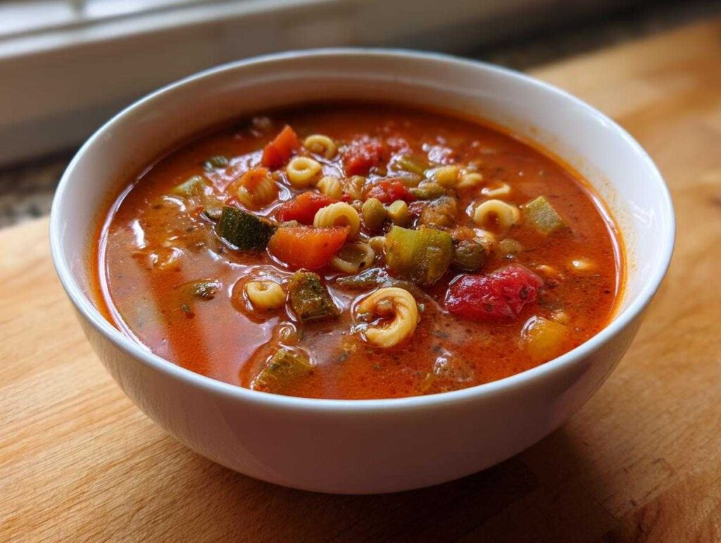 Close-up of a white bowl filled with rich, red minestrone soup featuring diced vegetables and small pasta shapes.