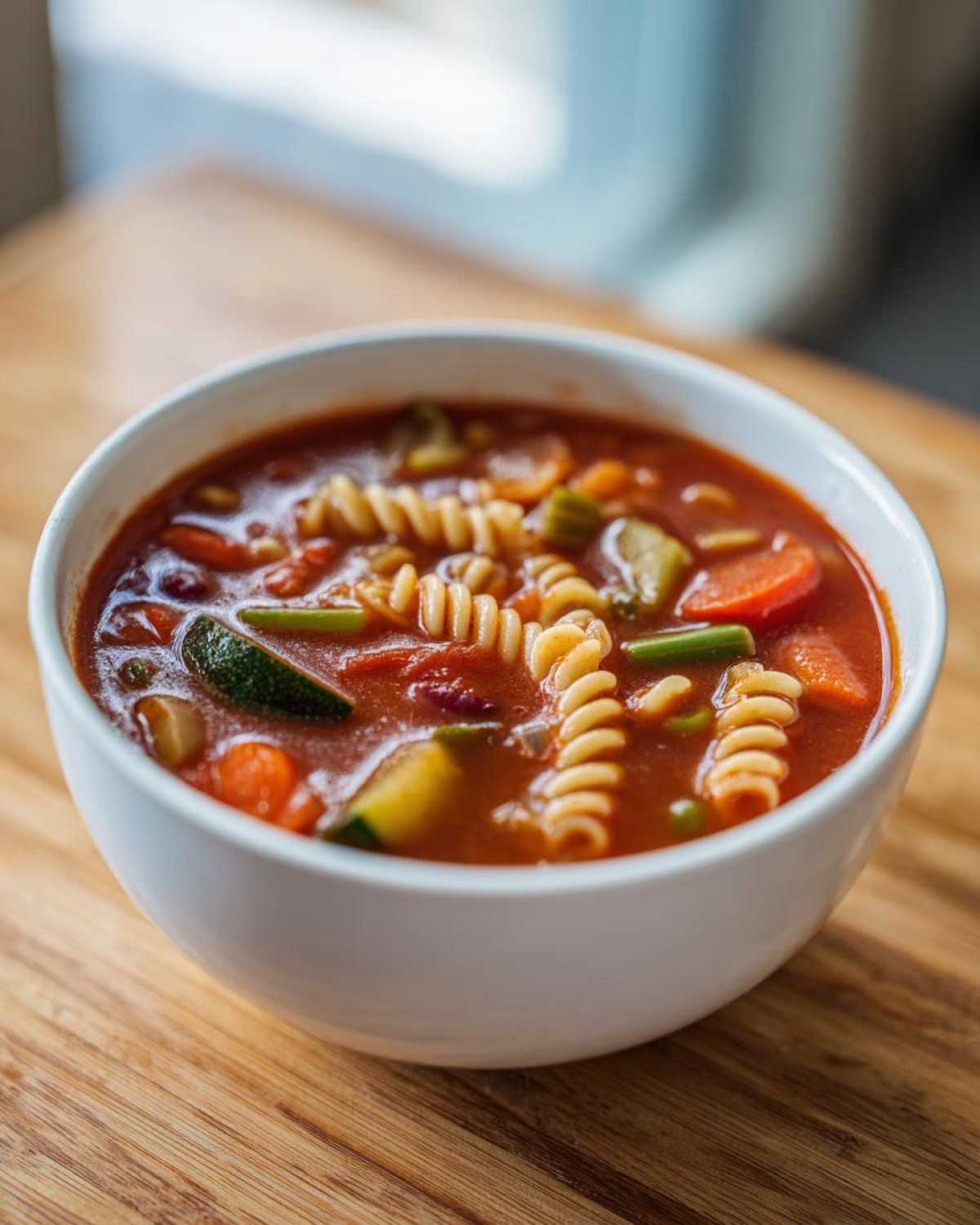Close-up of a white bowl filled with rich, tomato-based minestrone soup featuring vegetables and rotini pasta.