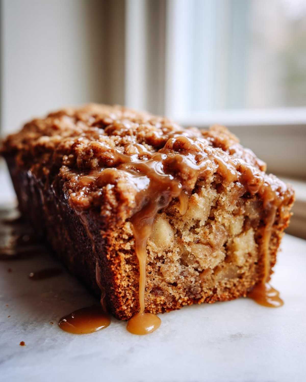 Close-up of a moist apple dapple cake loaf topped with crumble and dripping with caramel sauce.