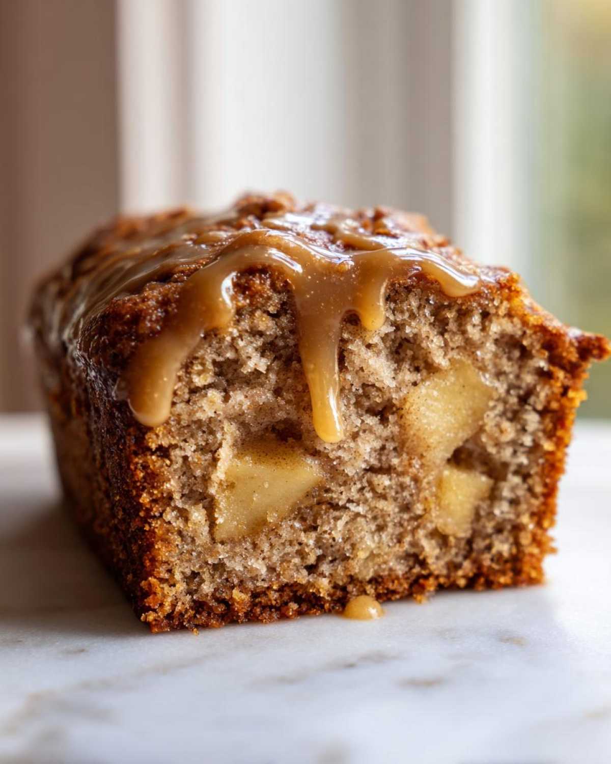 Close-up of a moist slice of apple dapple cake showing chunks of apple inside and topped with a thick caramel drizzle.
