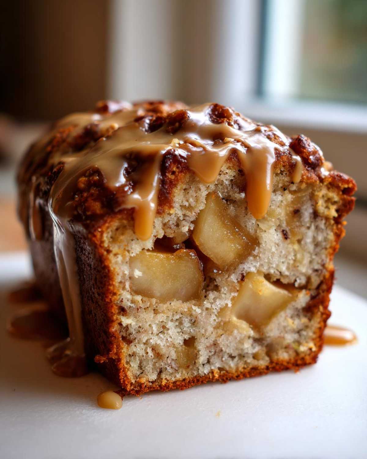 Cross-section of a moist apple dapple cake loaf showing chunks of baked apple and topped with a thick caramel drizzle.