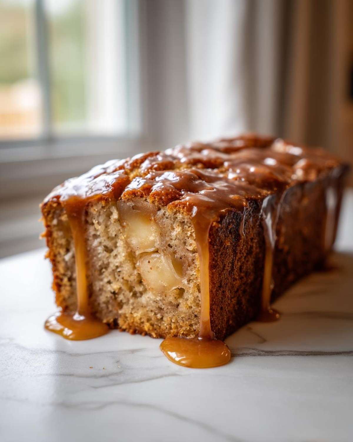 Close-up of a loaf-style apple dapple cake topped with thick caramel sauce dripping down the sides.