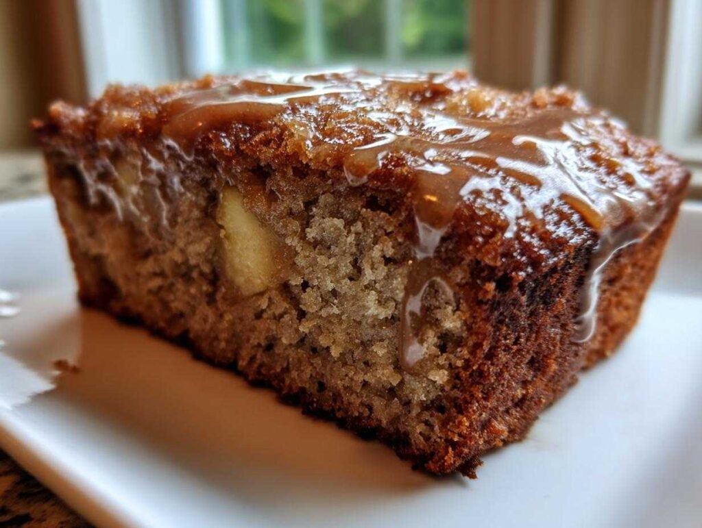 Close-up of a moist slice of apple dapple cake topped with a rich caramel drizzle.