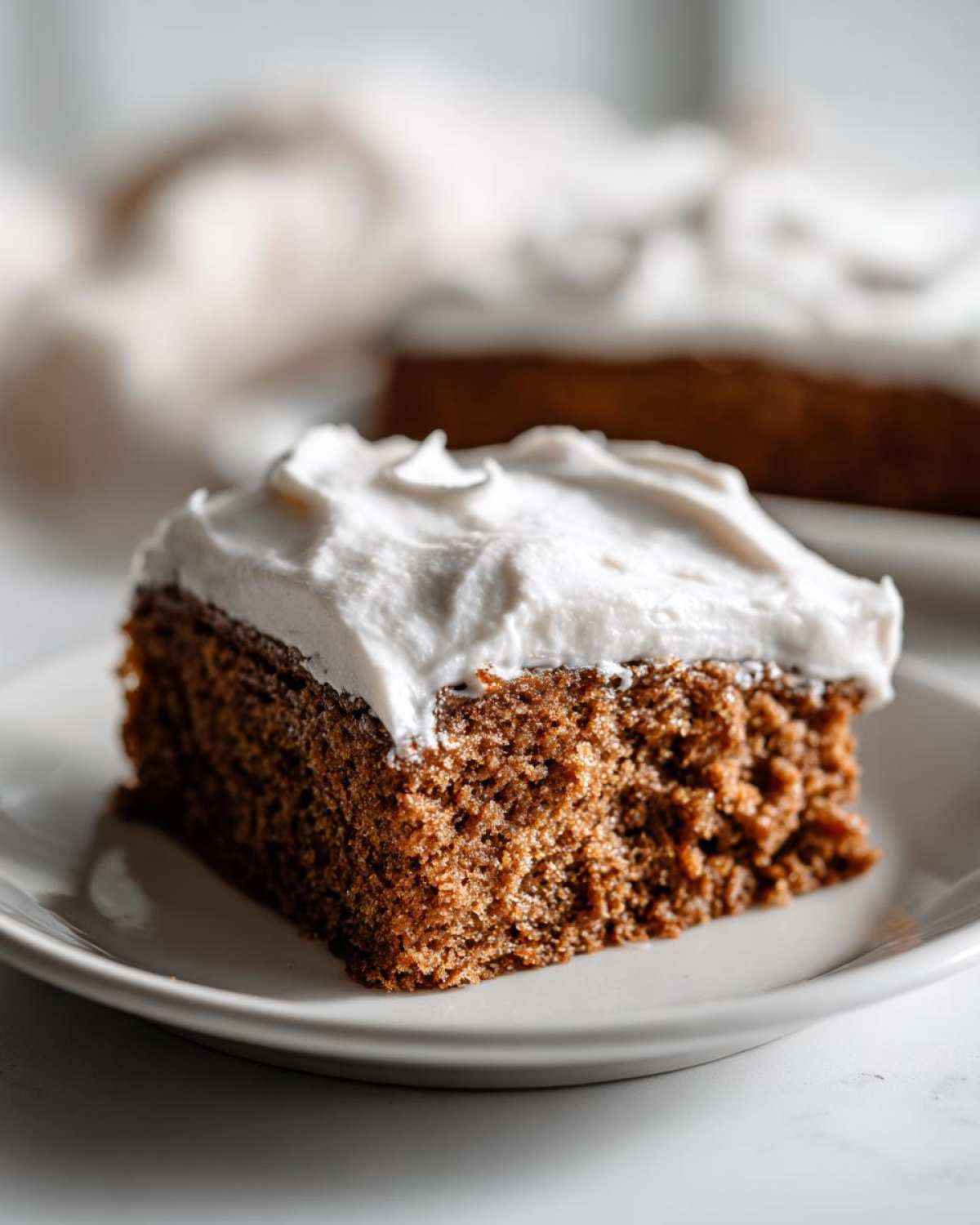 Close-up of a moist slice of dark brown applesauce cake topped with thick white frosting on a white plate.