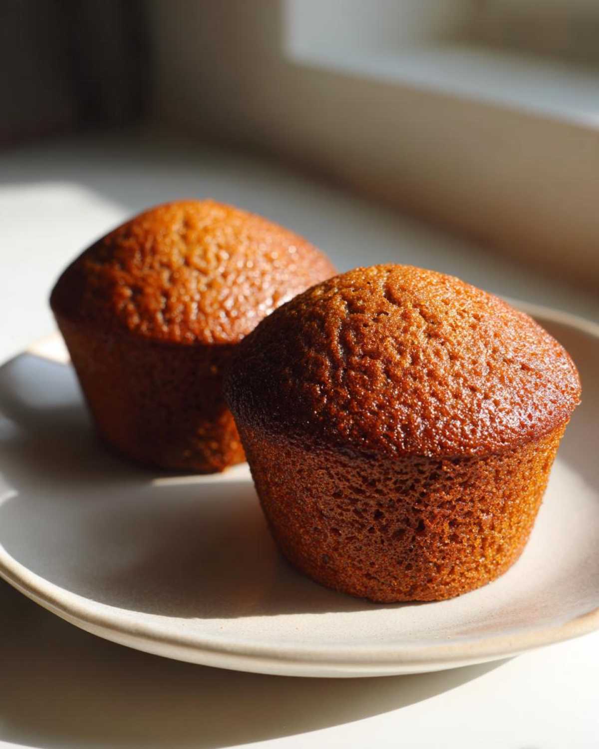 Two golden brown, moist bran muffins sitting on a light-colored plate, illuminated by natural light.