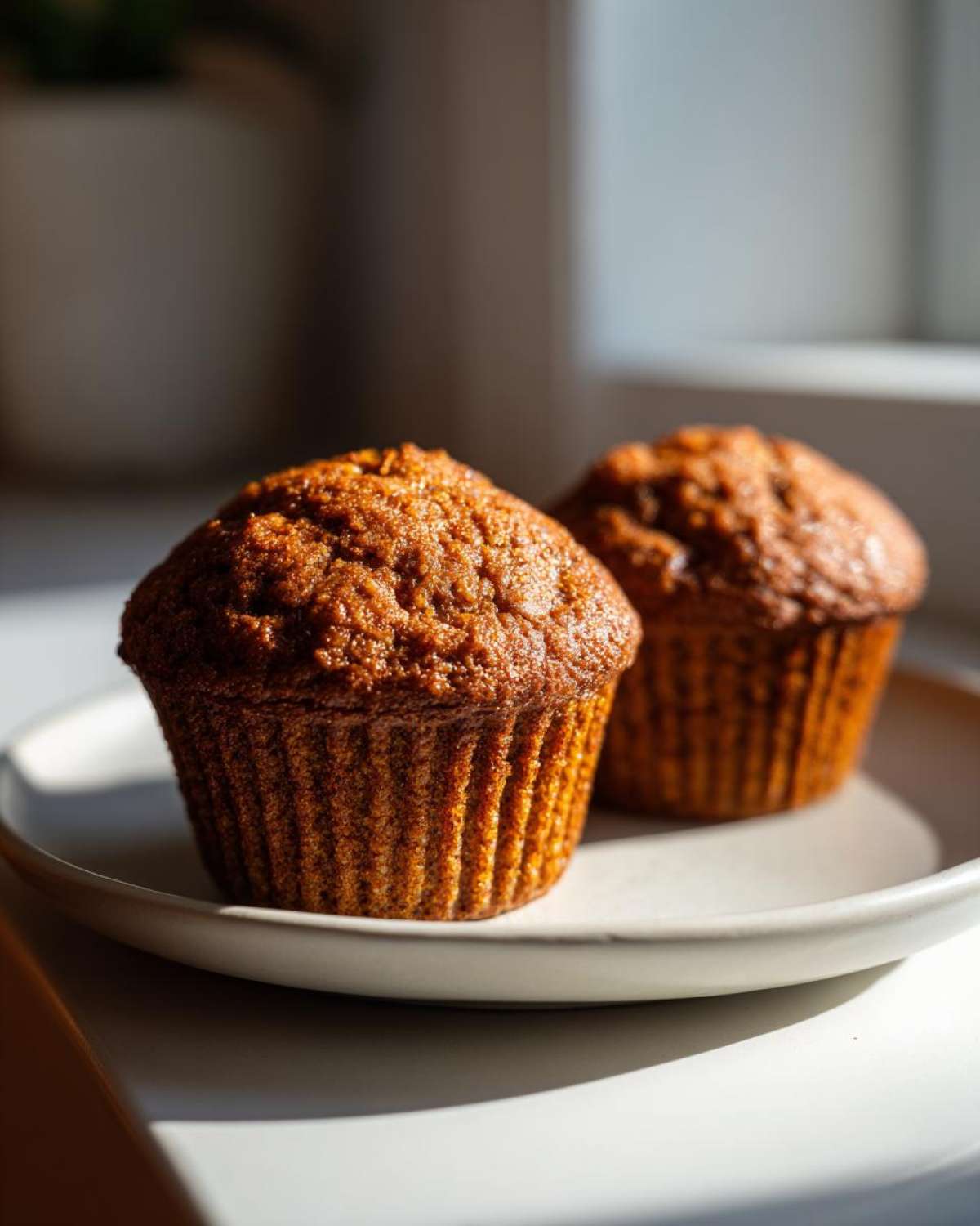 Two golden brown, moist bran muffins sitting on a light plate, highlighted by dramatic sunlight.