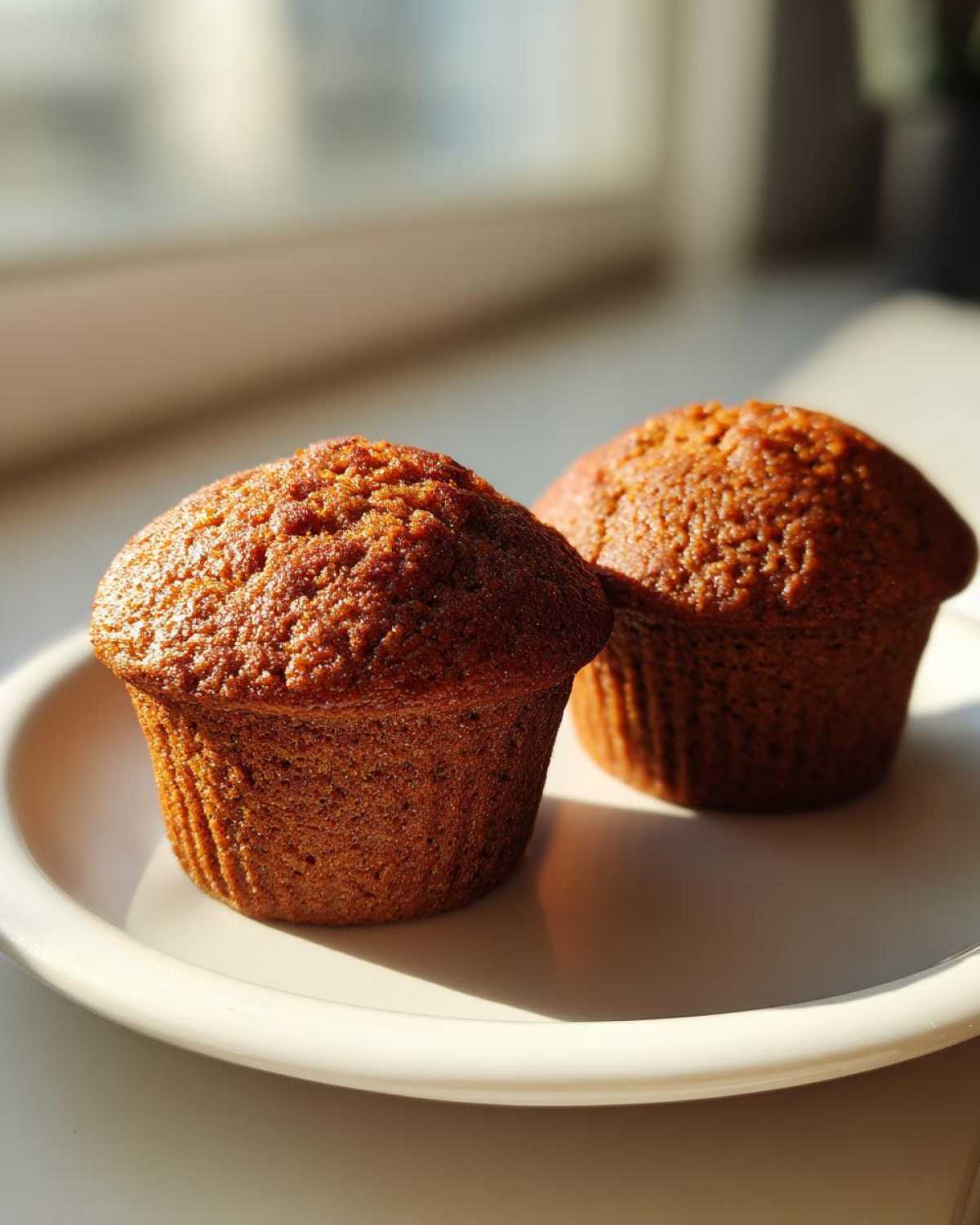 Two golden-brown, moist bran muffins sitting on a white plate, illuminated by bright sunlight.