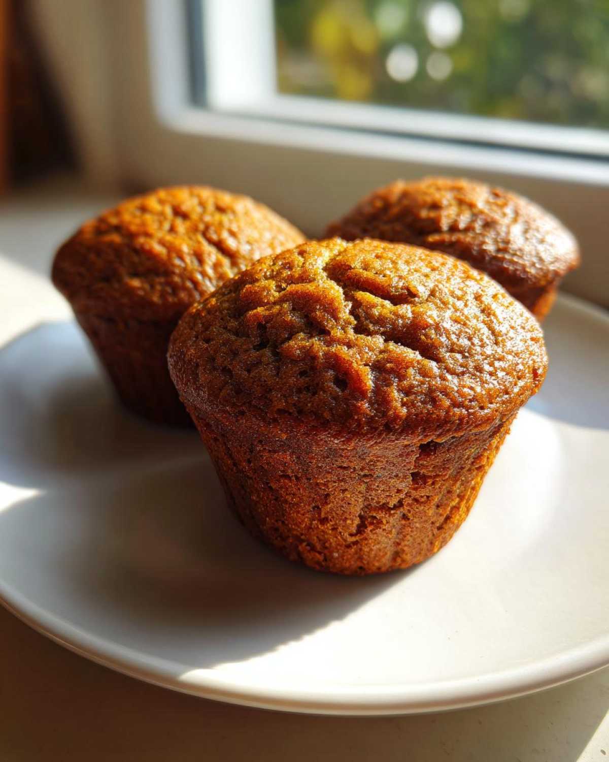 Three freshly baked, dark brown bran muffins sitting on a white plate near a sunlit window.