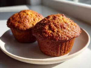Two golden brown, moist bran muffins sitting on a light-colored plate, illuminated by natural light.