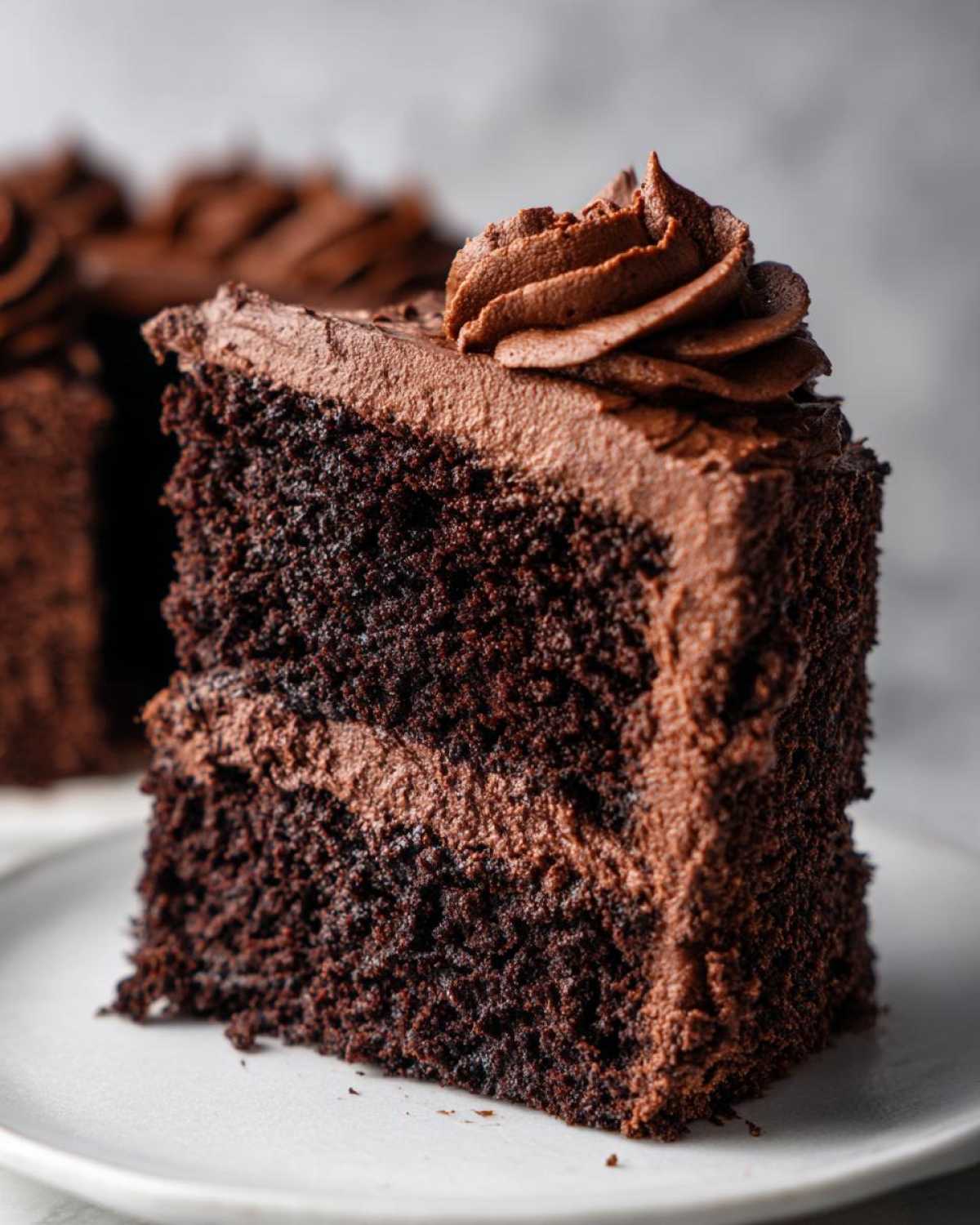 Close-up of a rich, dark slice from a chocolate cake recipe layered with thick chocolate frosting.
