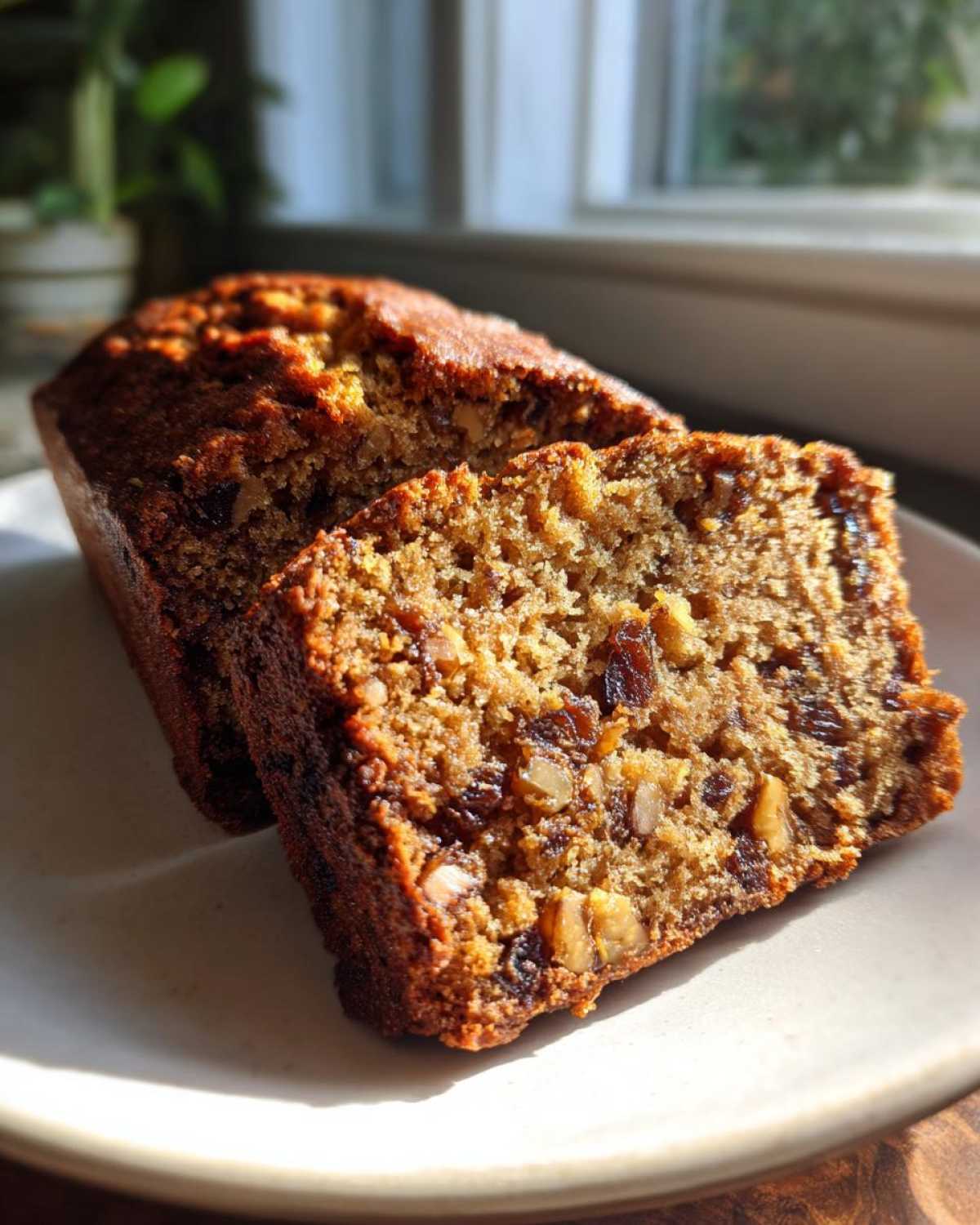 Close-up of a sliced loaf of moist date nut bread, showing visible dates and walnuts baked inside.