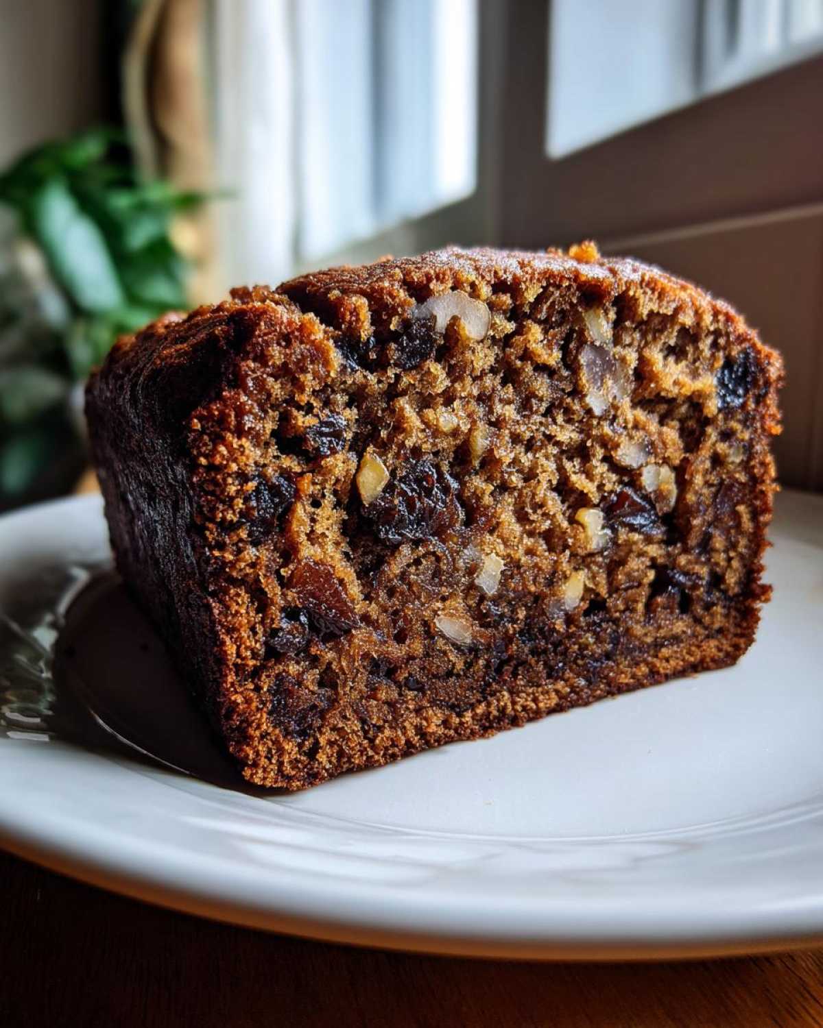 Close-up of a thick slice of moist date nut bread packed with dates and walnuts, served on a white plate.