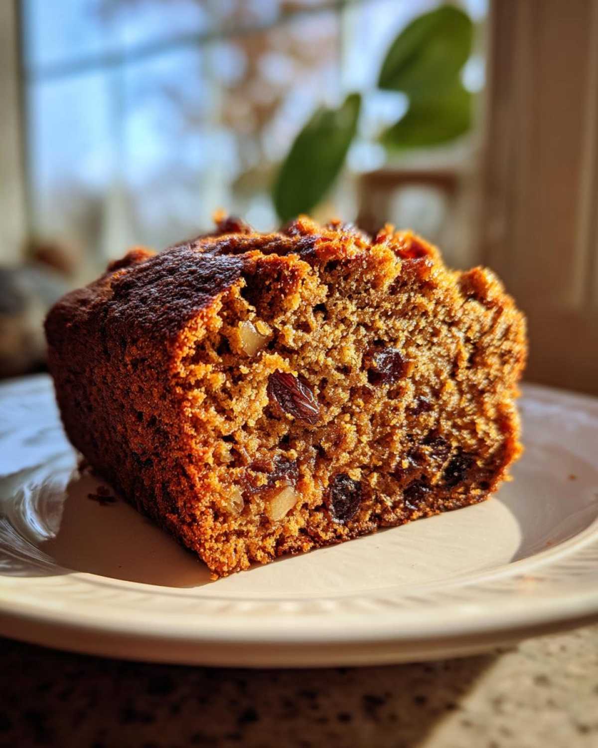 Close-up of a moist slice of date nut bread showing raisins and walnuts baked inside.