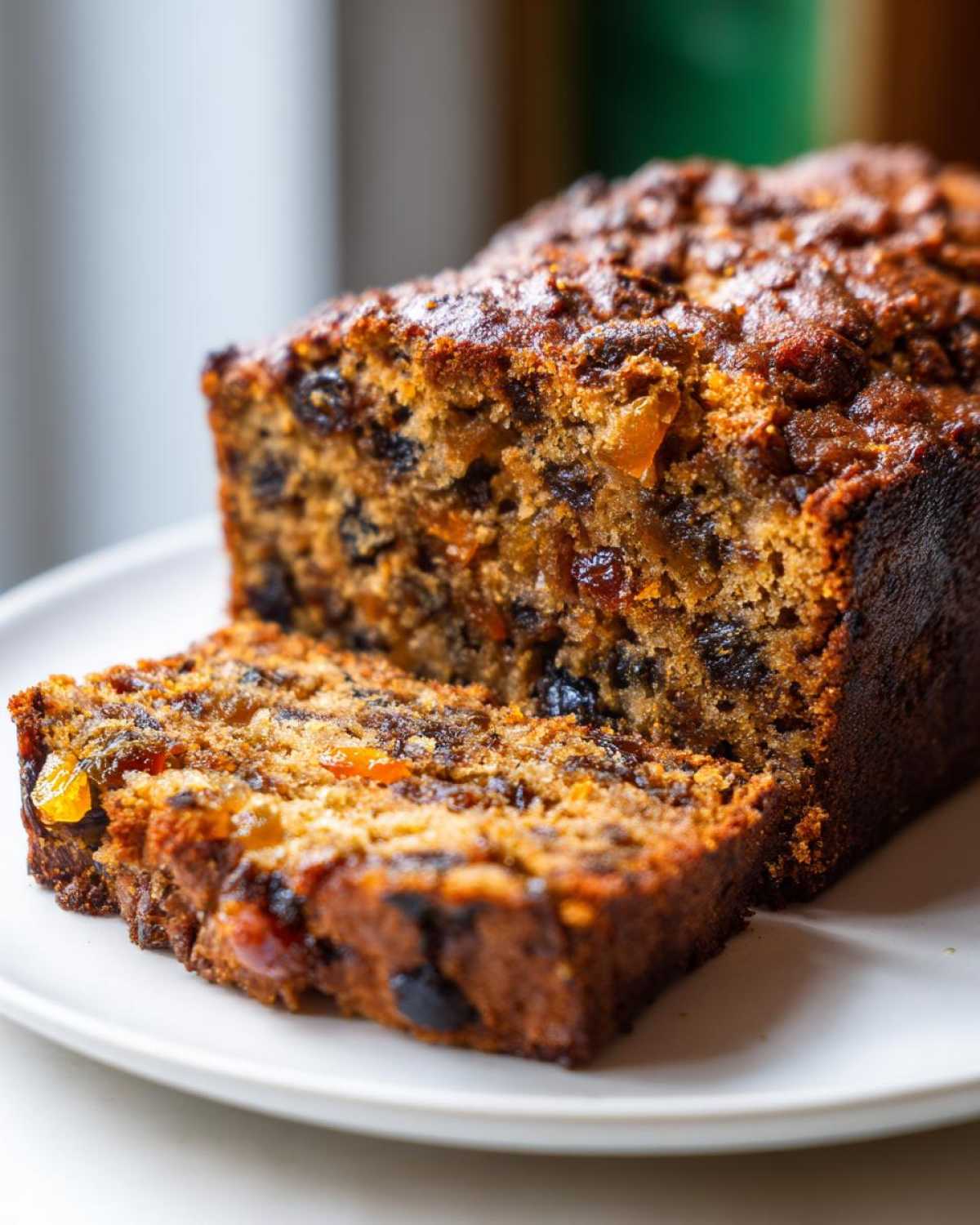 Close-up of a moist fruit cake loaf, with one slice cut and resting against the main portion, showing dried fruits.