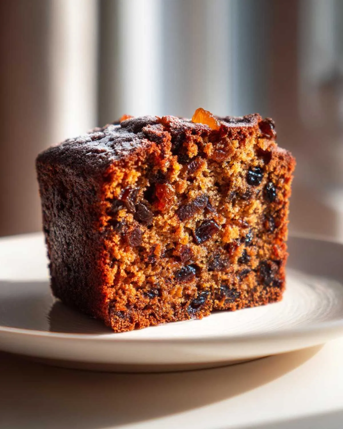 Close-up of a moist slice of fruit cake, rich with dark dried fruits and topped with powdered sugar.