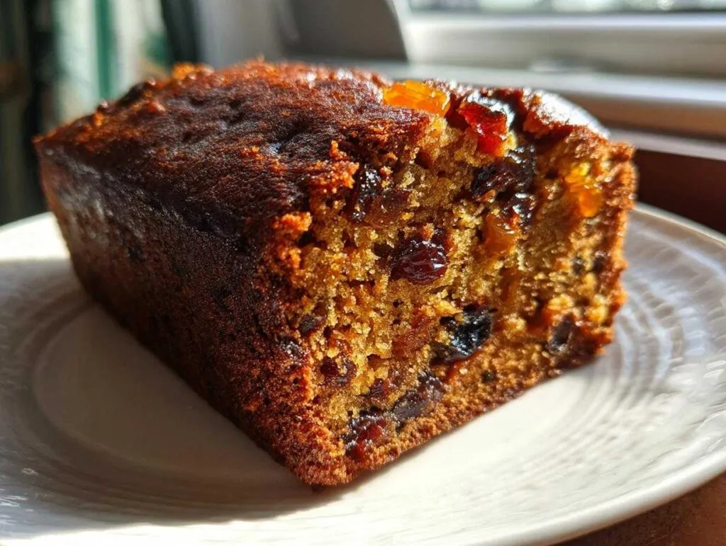 A thick slice of moist fruit cake showing dark raisins and candied peel texture, resting on a white plate.